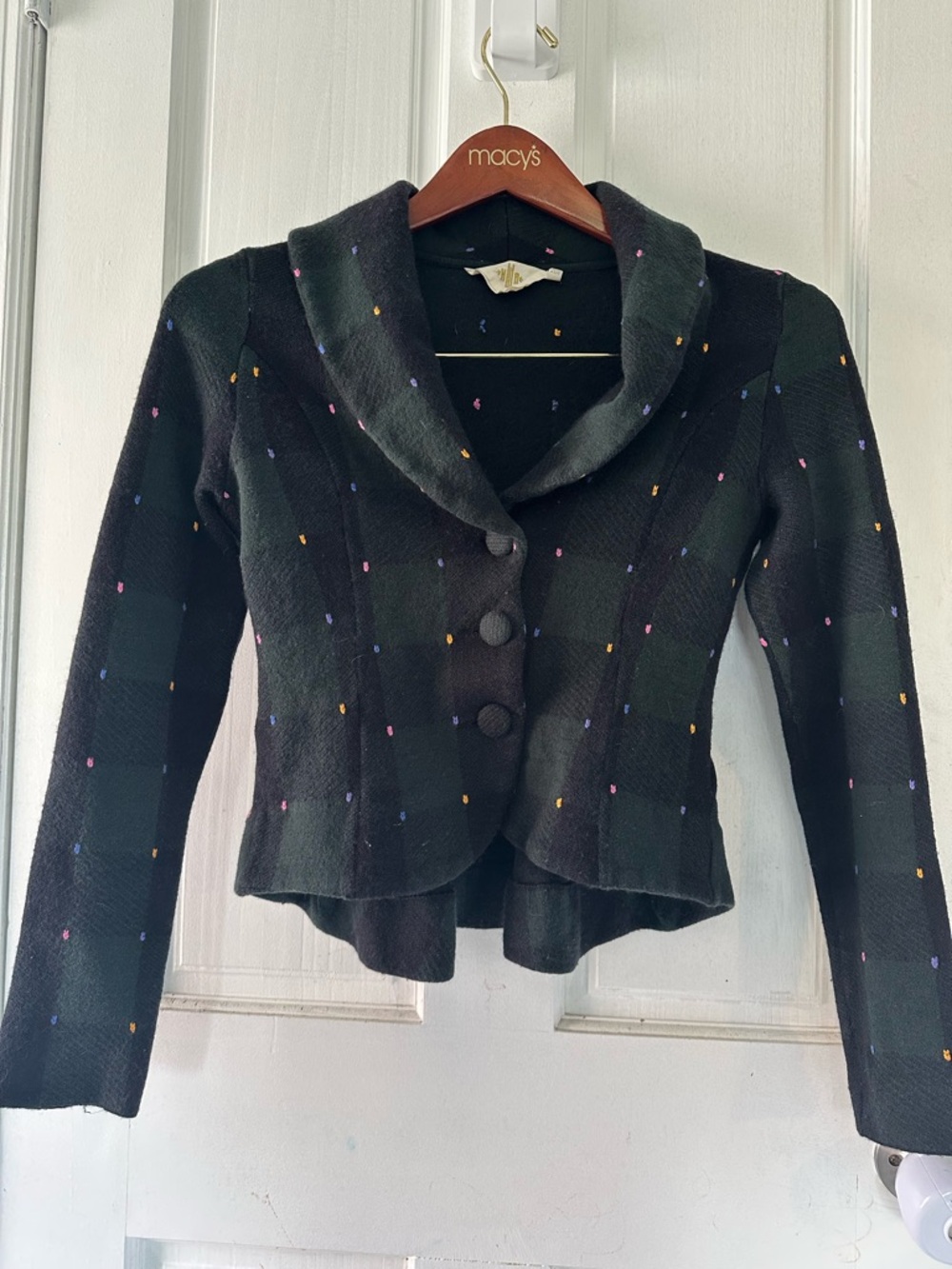 Anthropologie Plaid Cropped Blazer With Pastel Confetti Embroidery